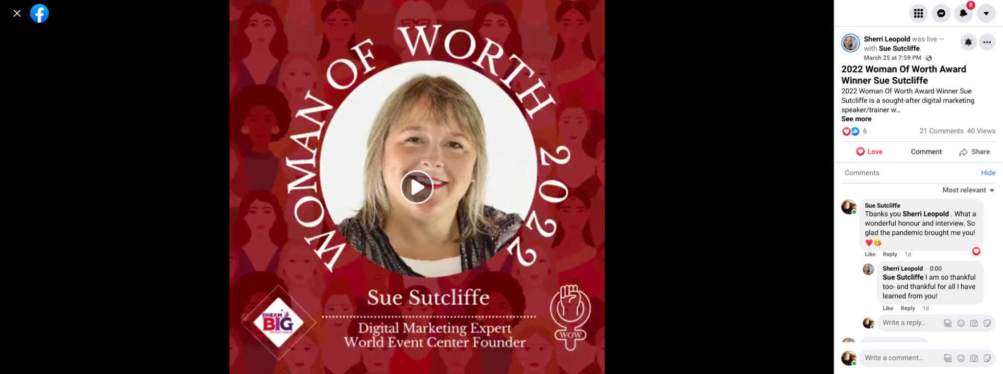 Sue Sutcliffe receives Woman of Worth 2022