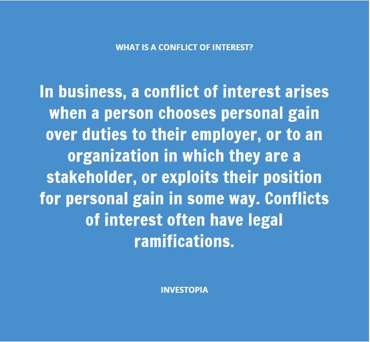 WHAT IS A CONFLICT OF INTEREST? In business, a conflict of interest arises when a person chooses personal gain over duties to their employer, or to an organization in which they are a stakeholder, or exploits their position for personal gain in some way. Conflicts of interest often have legal ramifications. INVESTOPIA